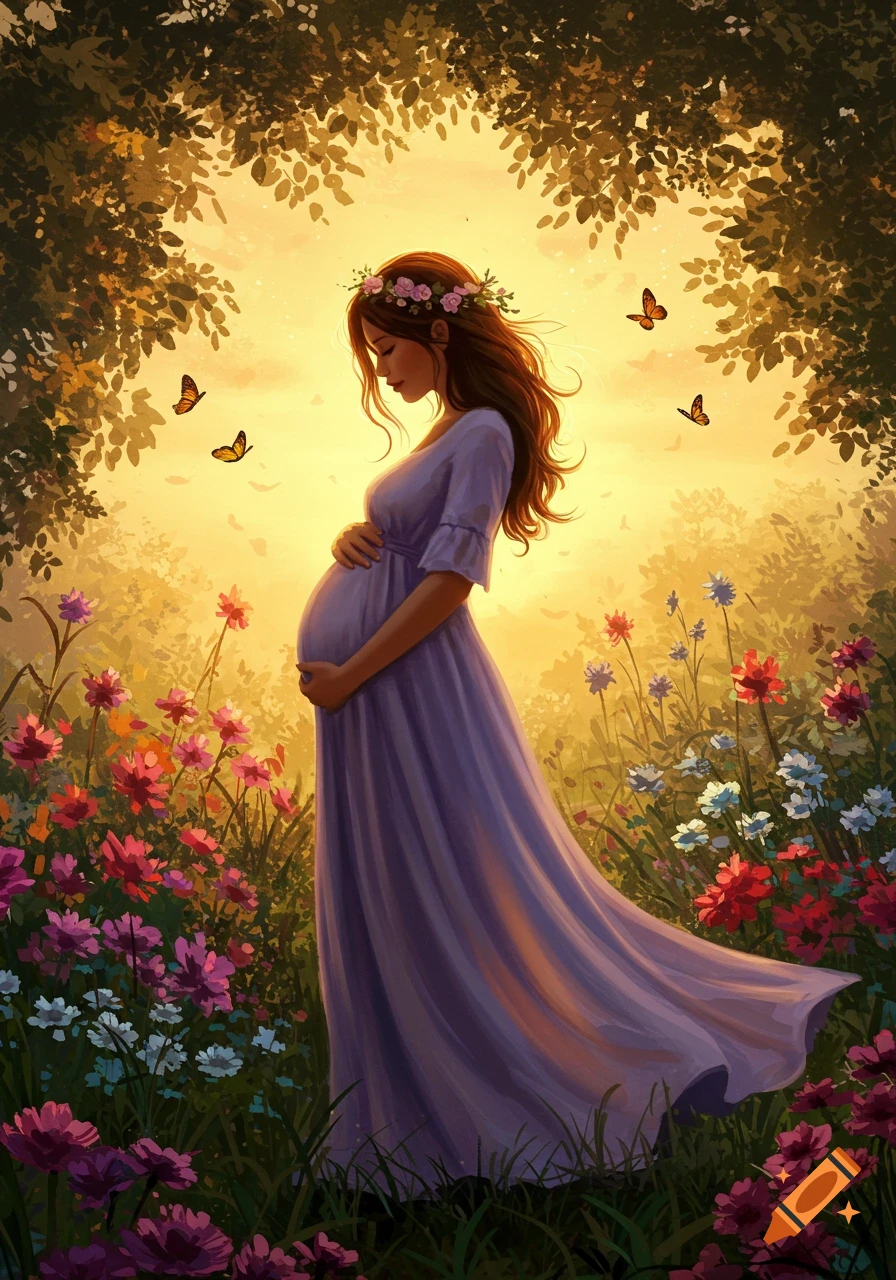 A pregnant woman in a lavender dress stands in a sunny field of colorful flowers, holding her belly. Butterflies flutter around her.