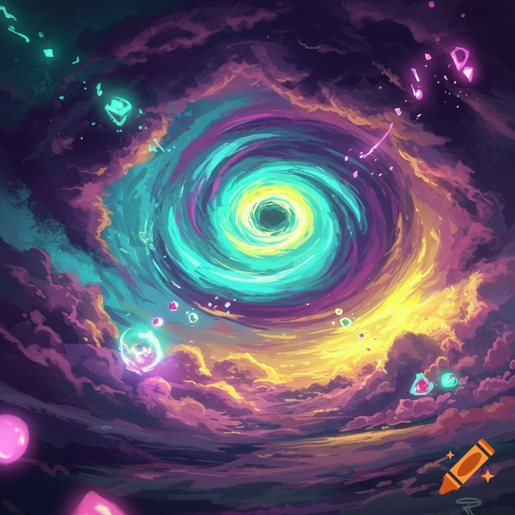 A vibrant abstract vortex in shades of teal, purple, yellow, and orange, surrounded by dark clouds and glowing geometric shapes.