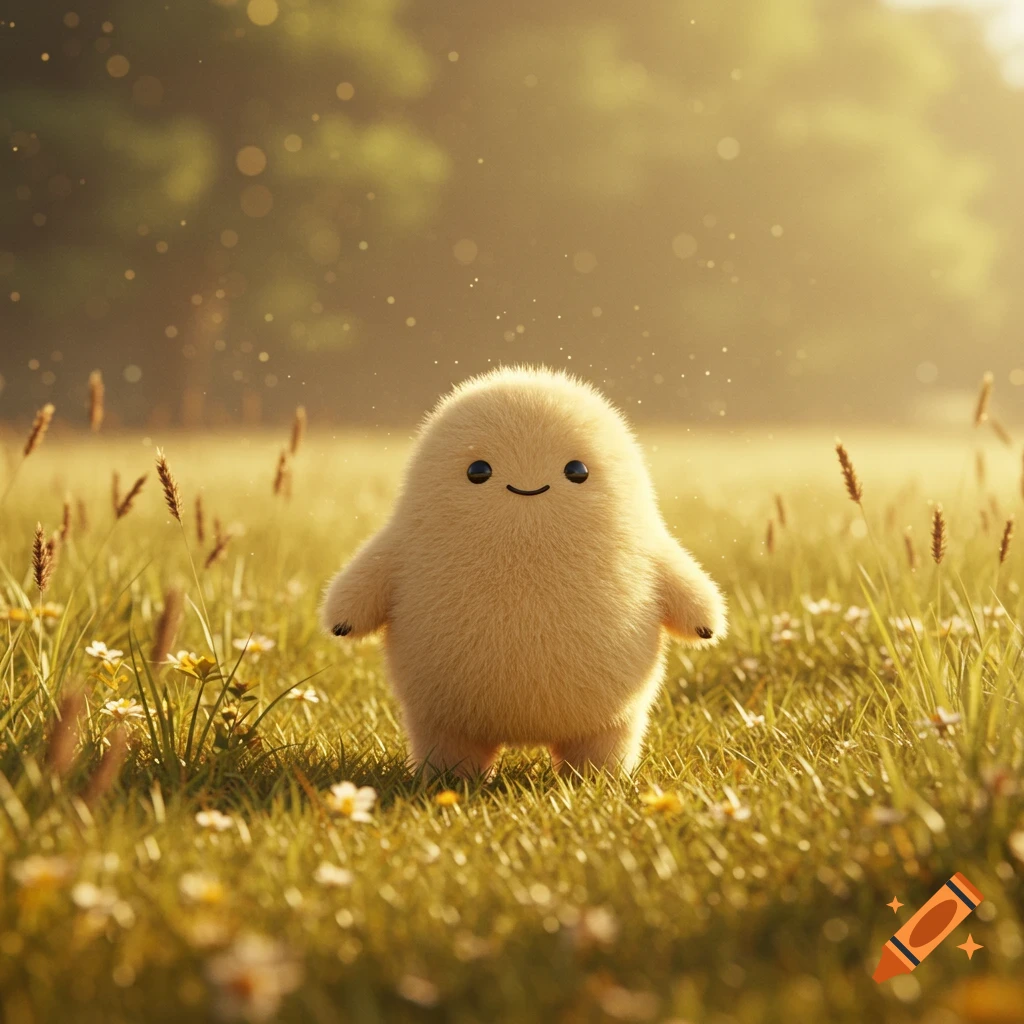 A small, cute, fluffy, light tan creature with a simple smile and black eyes stands in a sun-dappled grassy field with wildflowers.