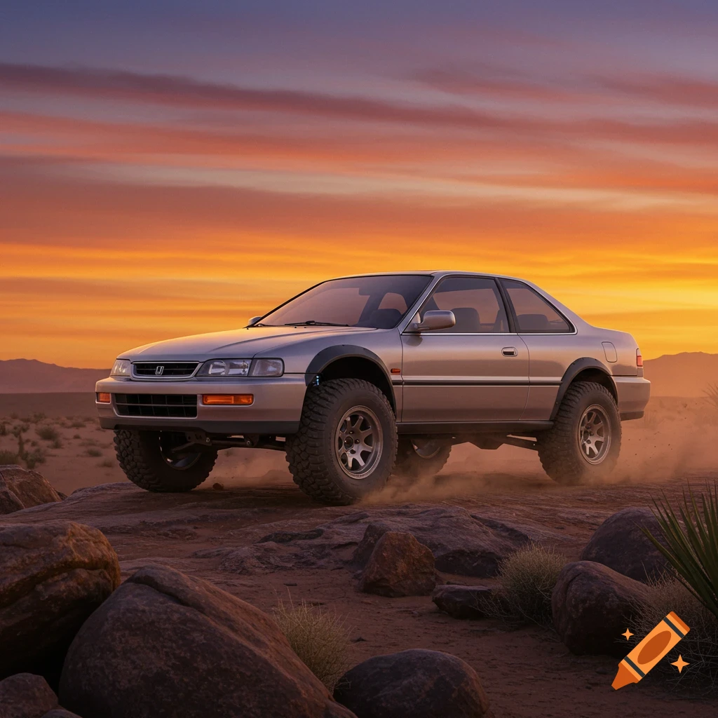 A silver lifted Honda Accord coupe drives off-road in a dusty desert landscape at sunset, with an orange and yellow sky.