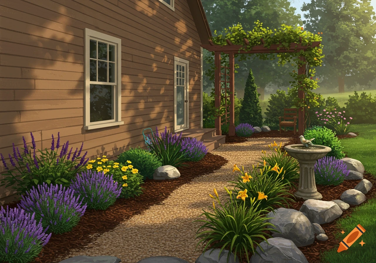 Illustrative side view of a brown house with a gravel path through a colorful garden with lavender, yellow daylilies, a bird bath, and a wooden arbor.