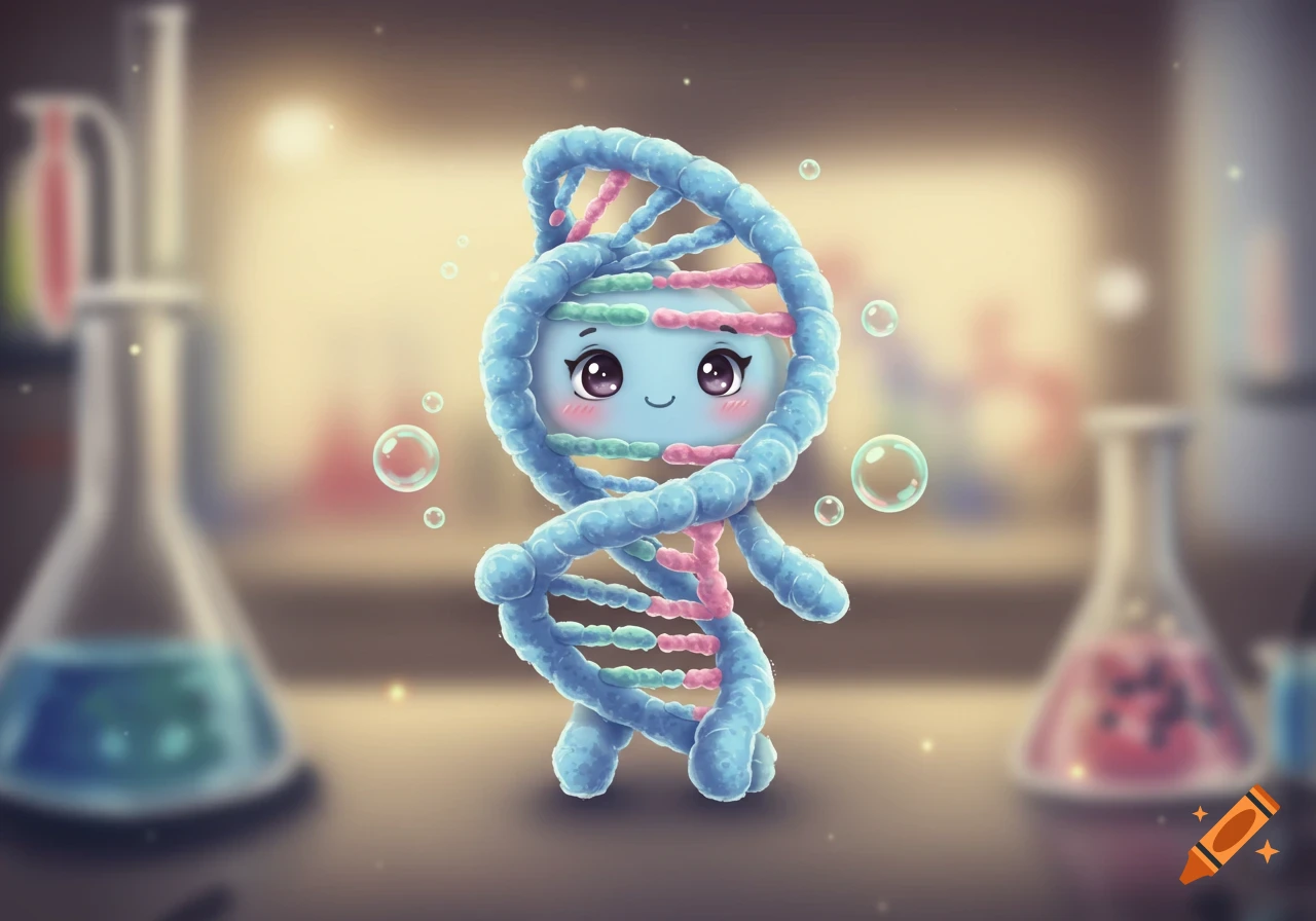 A cute cartoon DNA double helix character with a face and small limbs stands in a blurred science lab background.