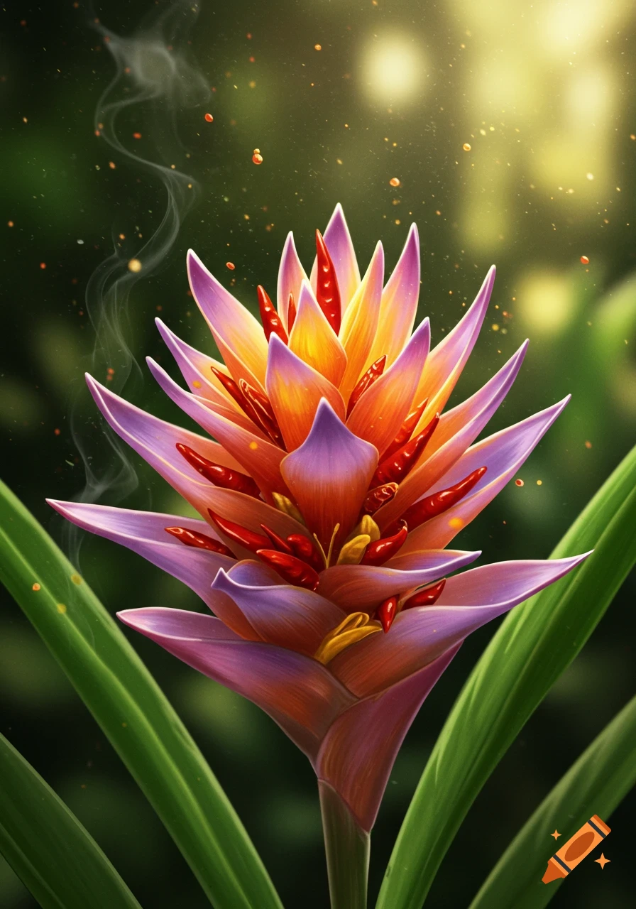 A vibrant, stylized flower with lavender and orange petals, adorned with red chili peppers, emitting wisps of smoke and golden sparkles.