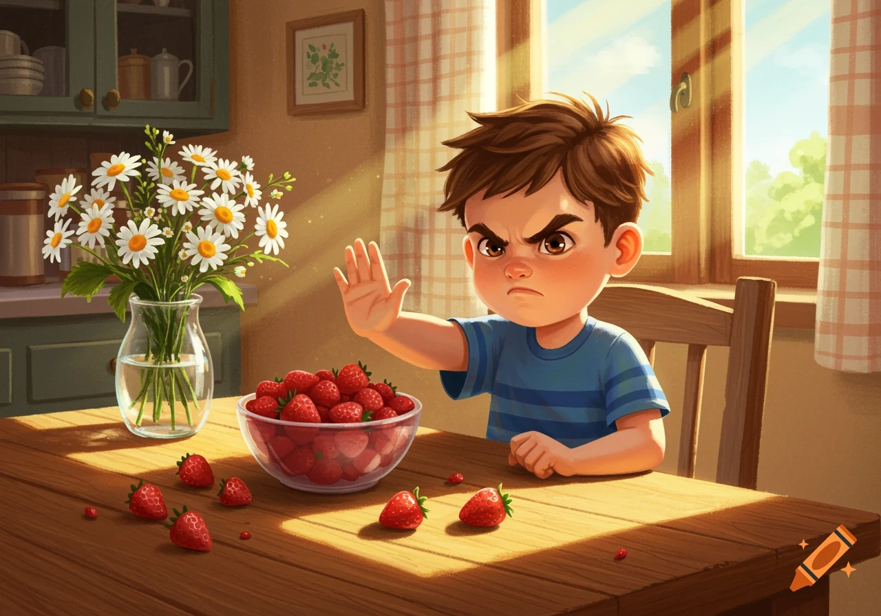 A cartoon boy with a frown holds up a hand, refusing a bowl of strawberries on a kitchen table next to a vase of daisies.