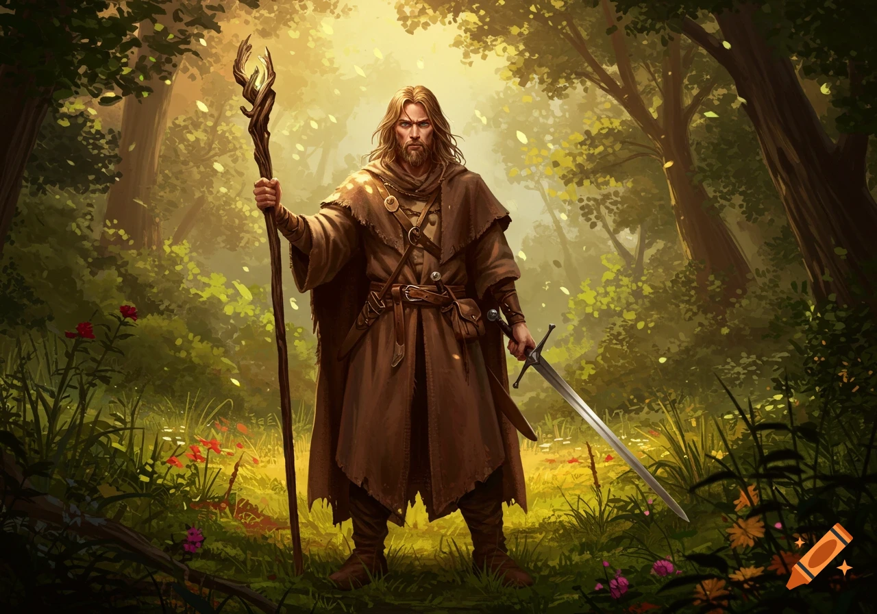 A long-haired man in a brown robe holds a staff and sword in a sunlit forest, fantasy art style.