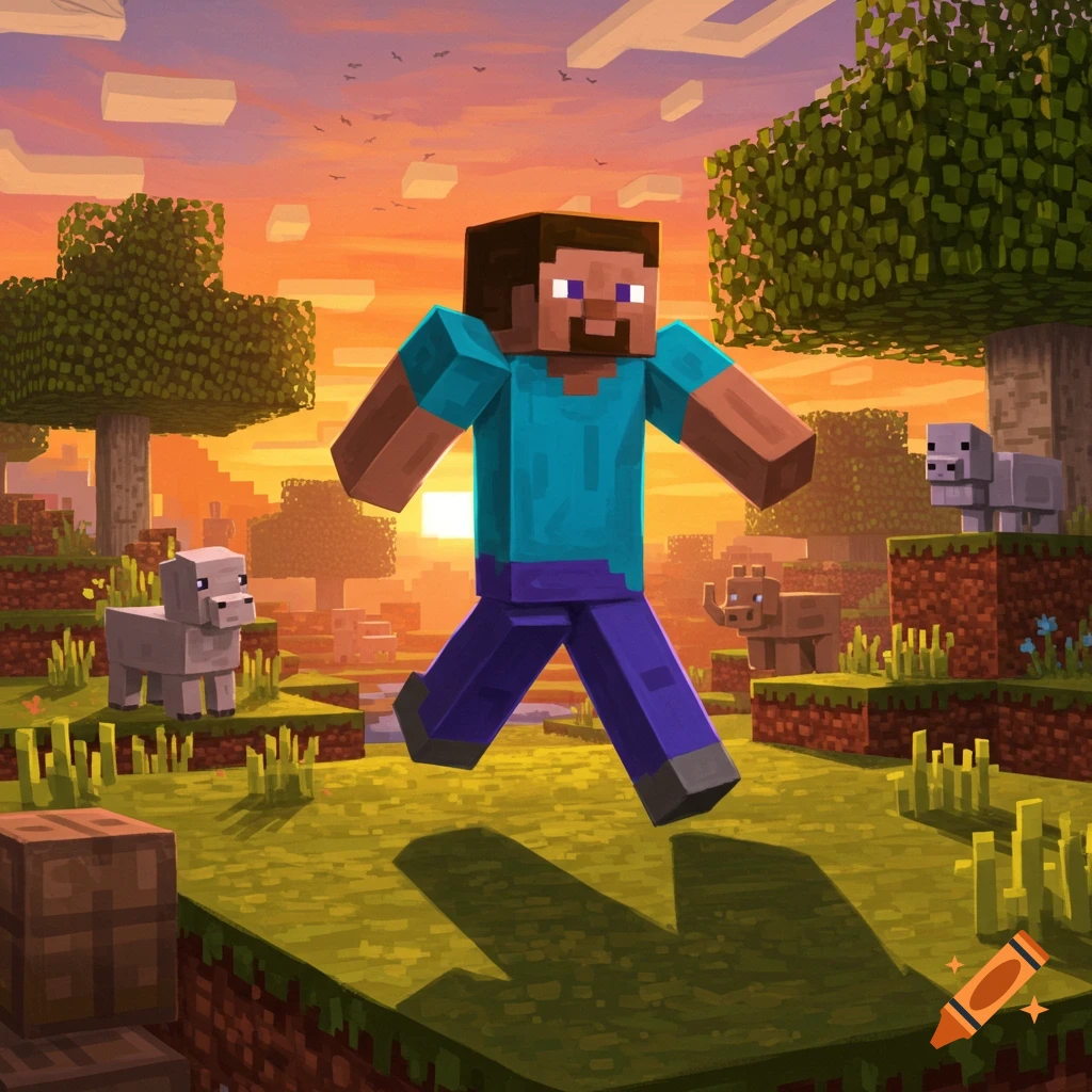 Minecraft character Steve runs through a blocky pixelated world at sunset, surrounded by trees and animals.