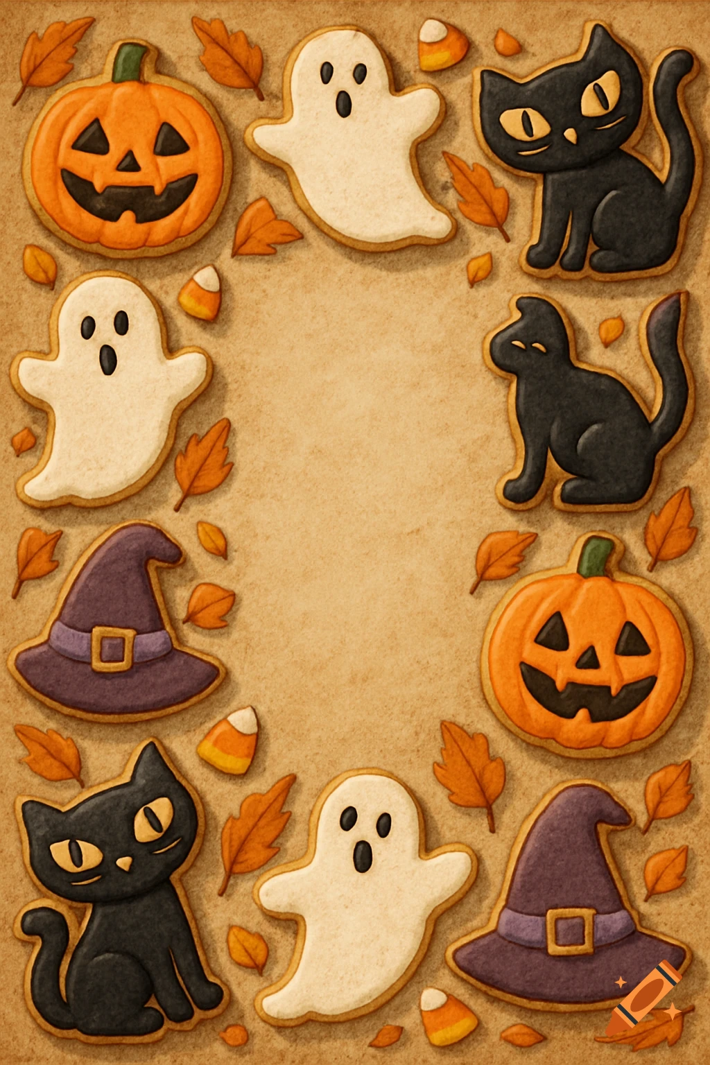 Halloween-themed sugar cookies shaped like pumpkins, ghosts, black cats, and witch hats, with autumn leaves and candy corn, form a border on a brown background.