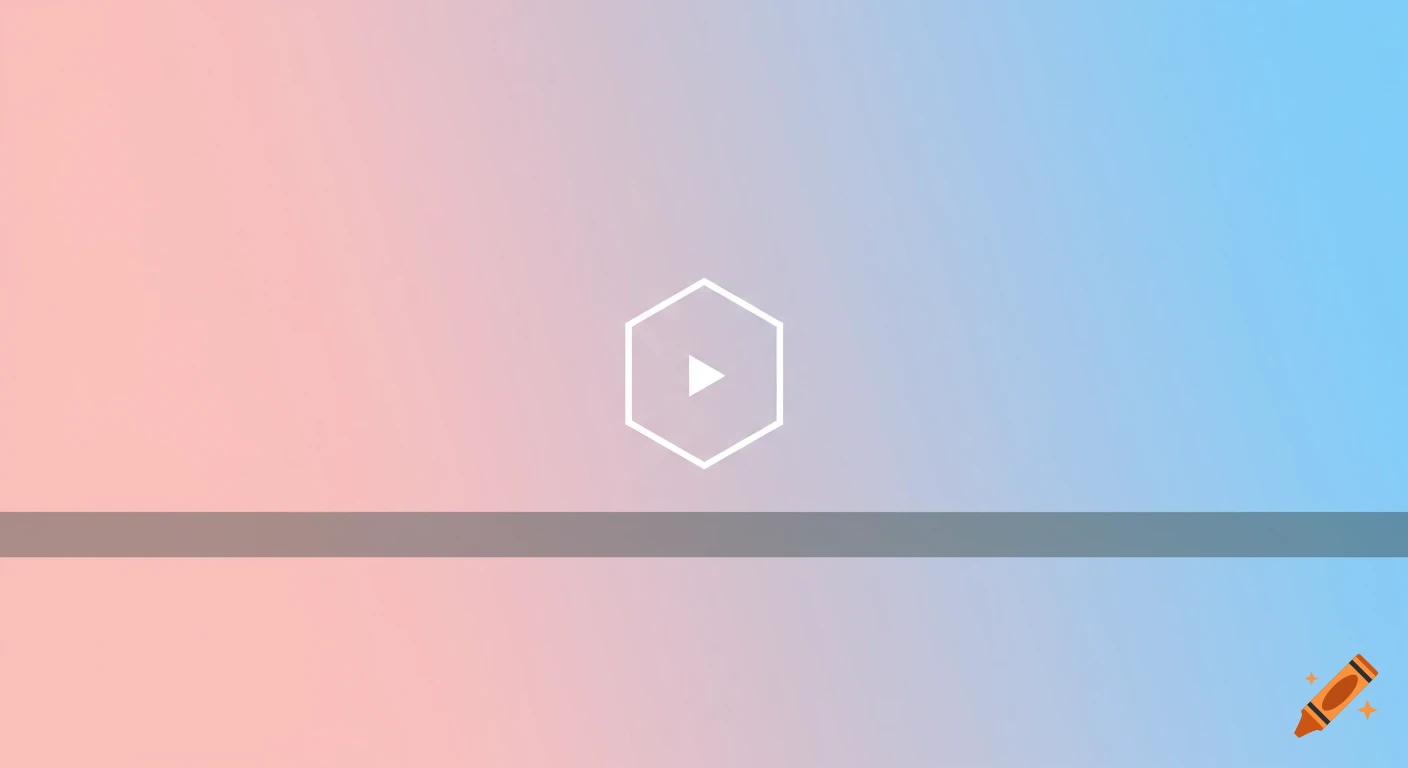 A minimalist banner with a pink and blue gradient background, a grey horizontal line, and a white hexagonal play button icon.