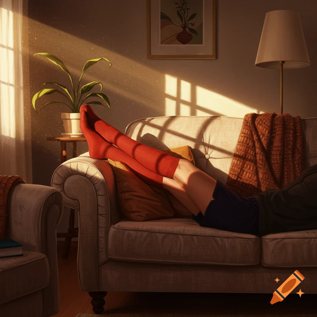 Woman's legs in red socks resting on a cozy couch in a sunlit room, digital painting.