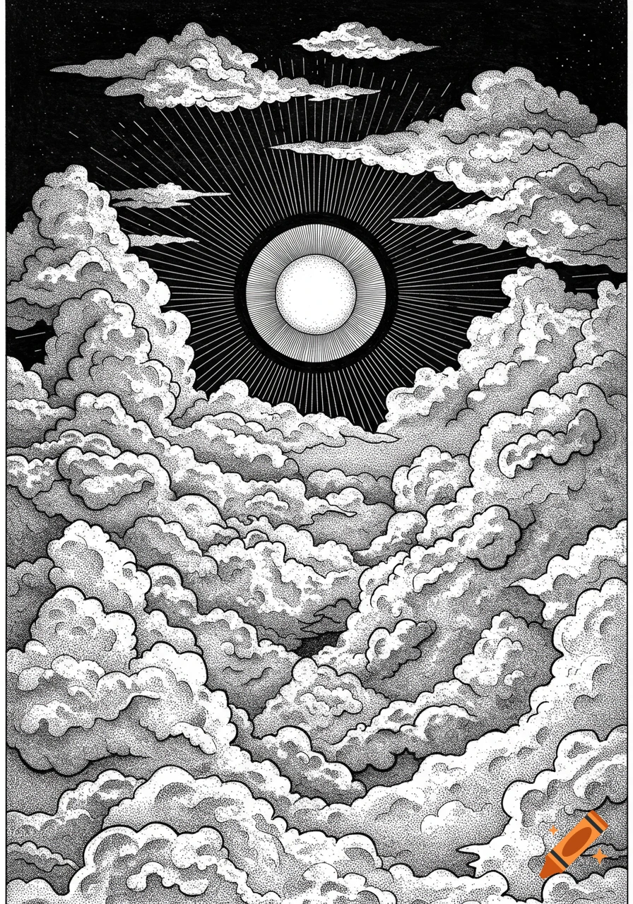 Black and white ink line art of a radiant sunburst breaking through a sky full of detailed clouds with stippling.