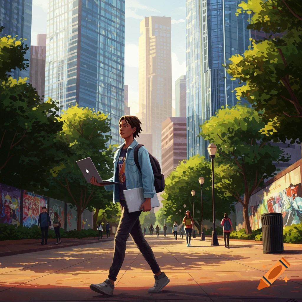 An illustration of a young person with a backpack walking through a sunny city park with tall buildings in the background, holding two laptops.