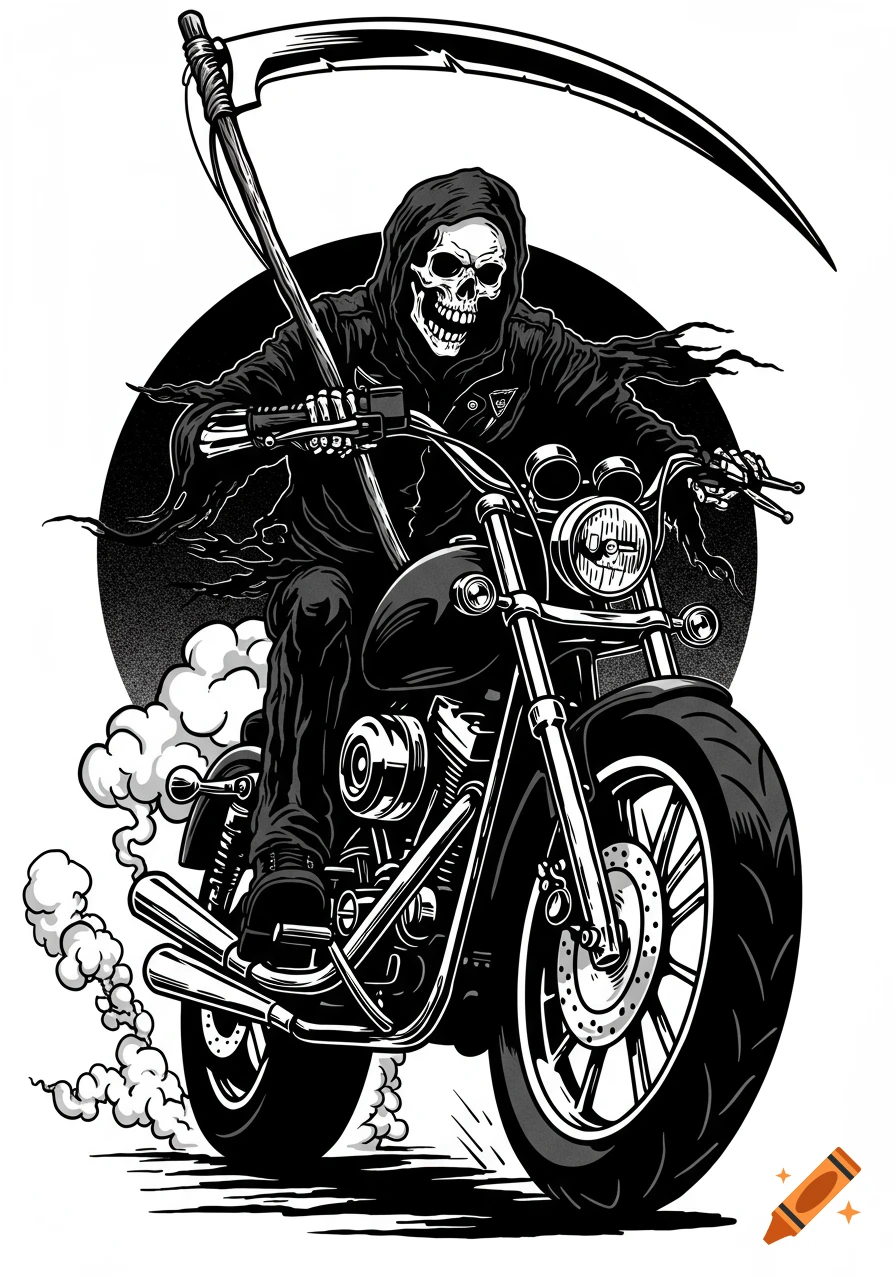 A stylized black and white illustration of the Grim Reaper, a skeleton in a hooded robe, riding a motorcycle with a large scythe.