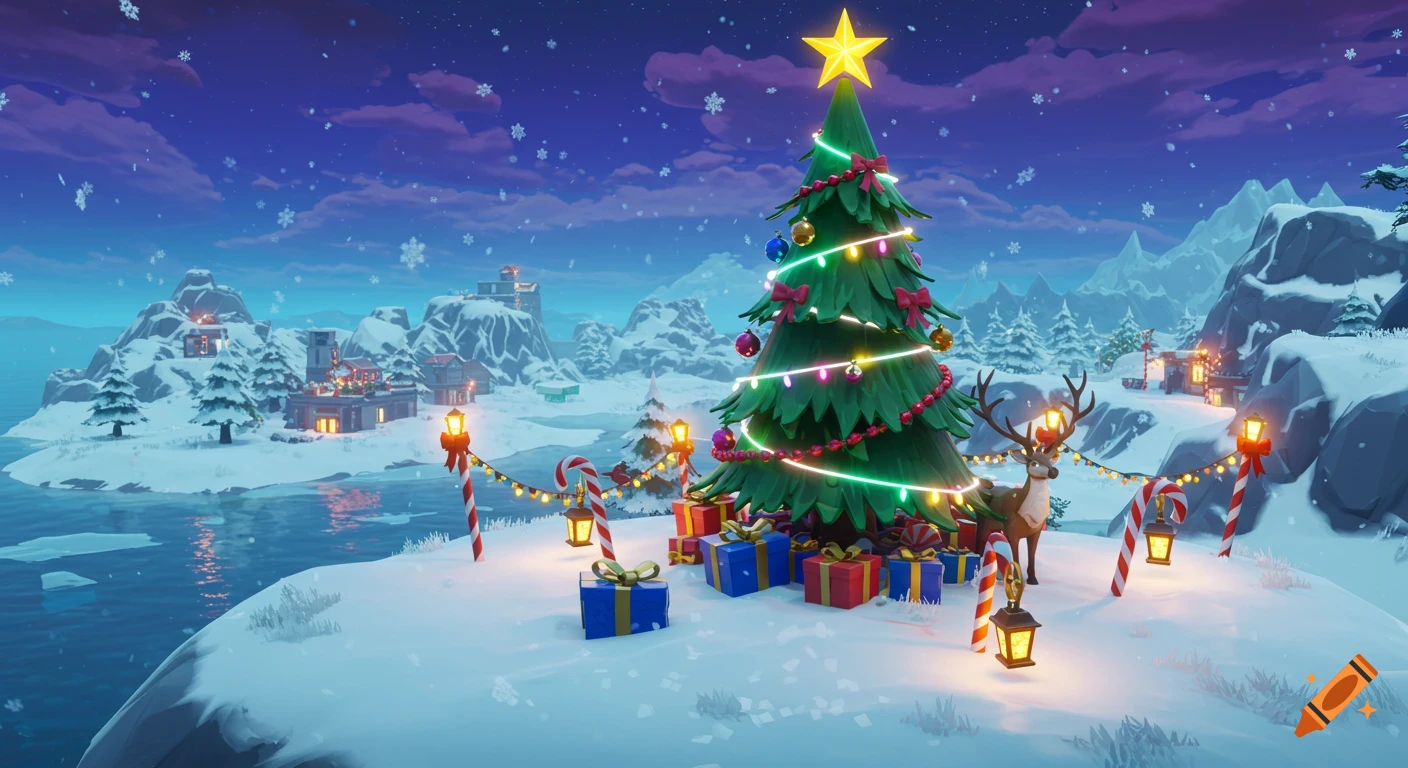 Stylized winter wonderland scene with a large, lit Christmas tree, gifts, a reindeer, and snowy village buildings at night.