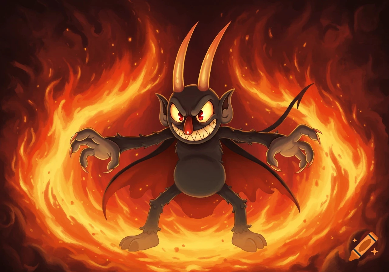 The Devil from Cuphead, a black cartoon demon with horns and a wide grin, stands menacingly surrounded by raging flames.