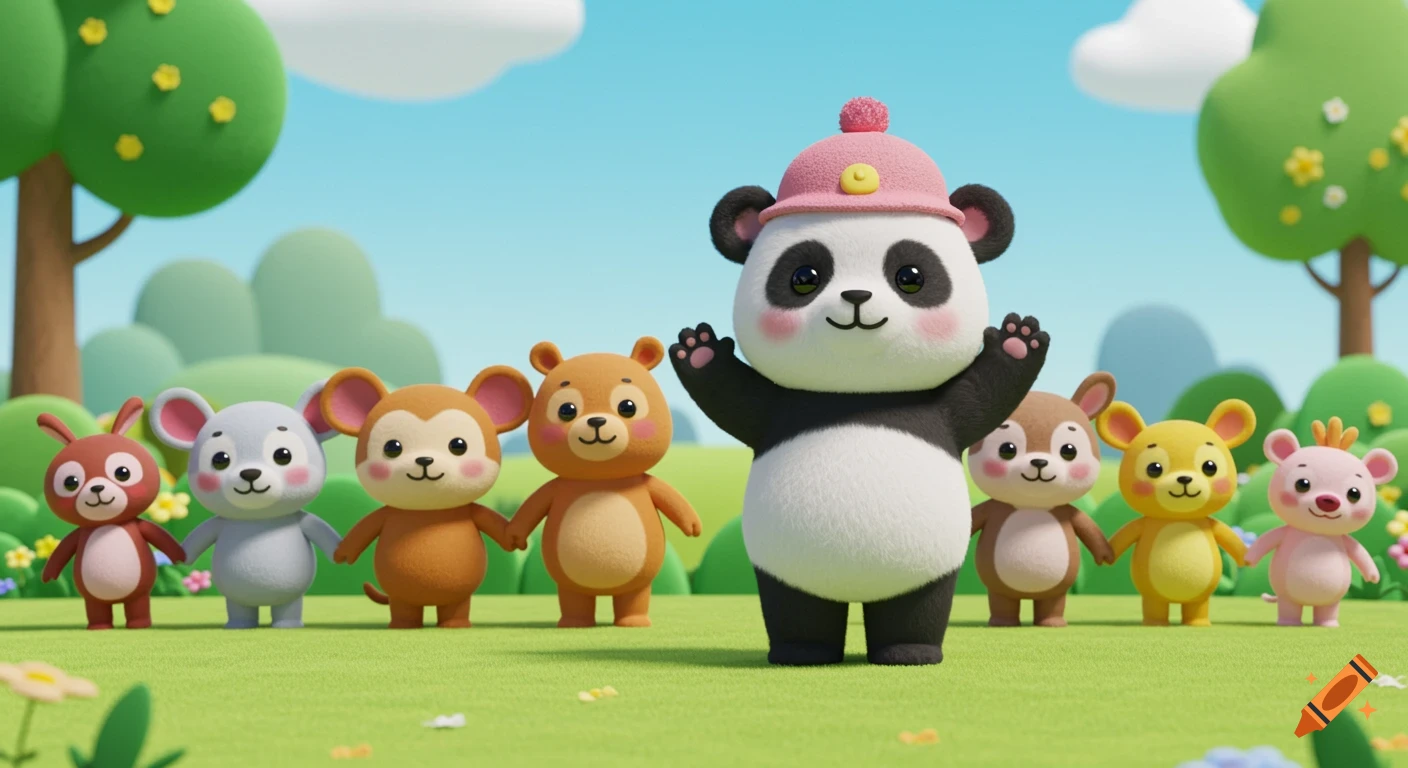 A cute 3D animated panda with a pink hat waving, standing with other animal friends holding hands in a green meadow.