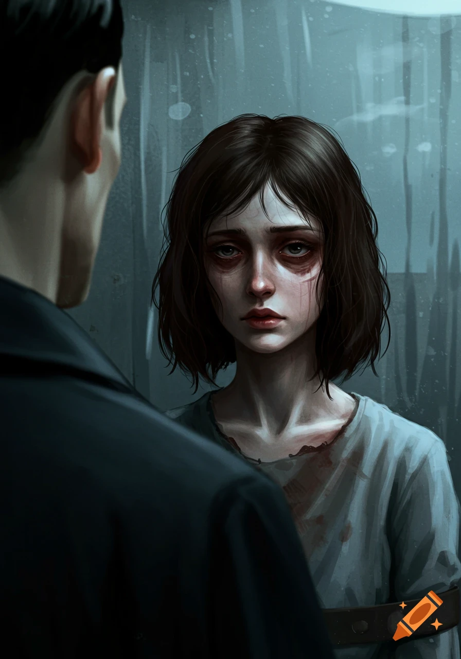 Digital painting of a pale, distressed woman with dark circles under her eyes and blood stains on her shirt, looking at a man's back.