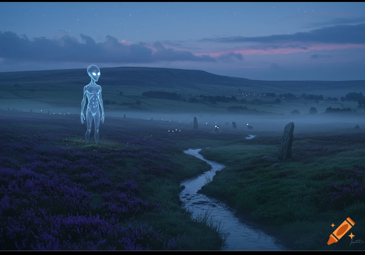 A translucent grey alien stands in a misty moor with purple heather, a winding stream, and standing stones under a twilight sky.