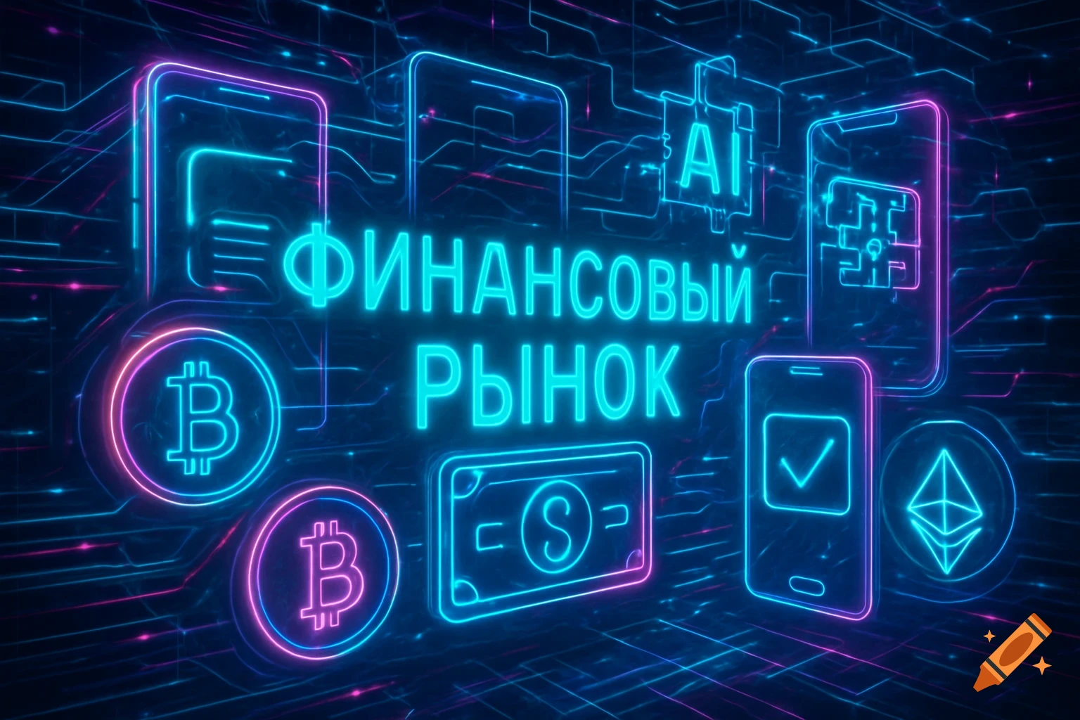 Neon high-tech digital art of financial market with glowing circuit lines, smartphones, Bitcoin, Ethereum, and 'AI' text.