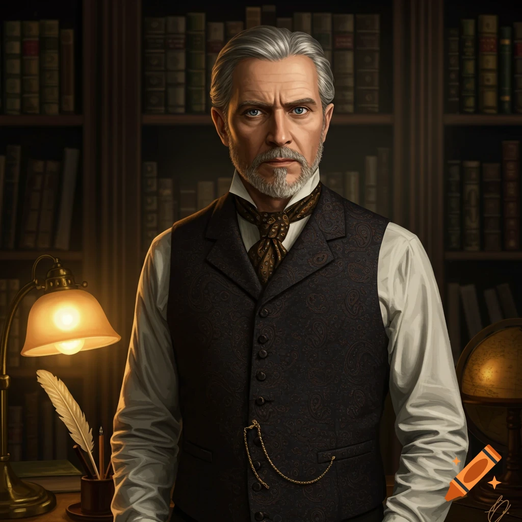 Portrait of a distinguished older man with grey hair and beard, in a dark patterned vest and cravat, in a library.