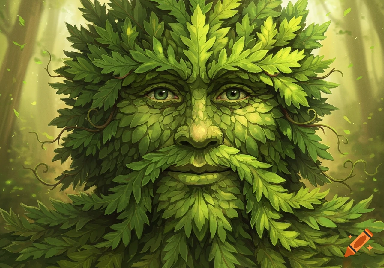Close-up of a smiling Green Man's face, intricately made of green leaves, in a soft, sunlit forest. Digital painting.