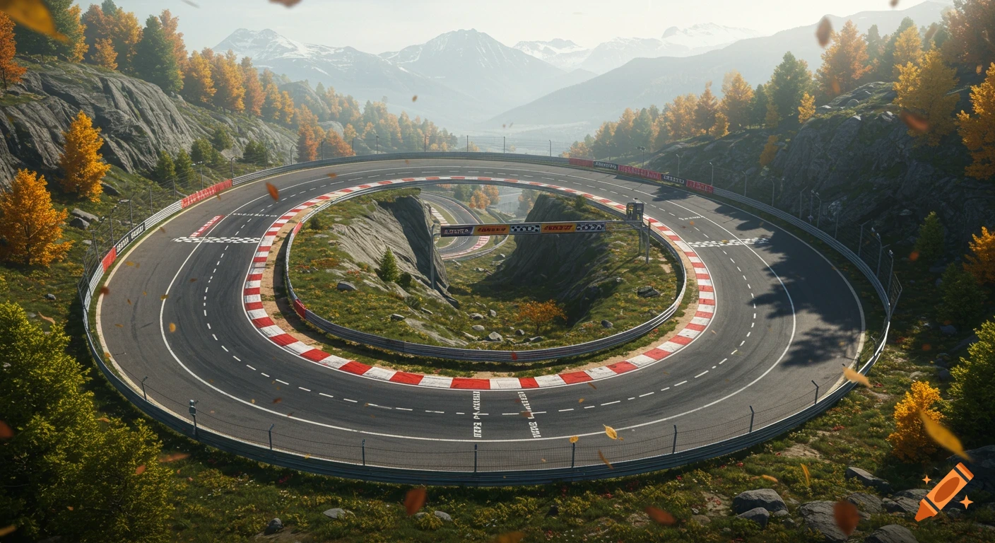 A scenic, winding race track spirals through a mountainous autumn landscape, rendered in a realistic video game style.