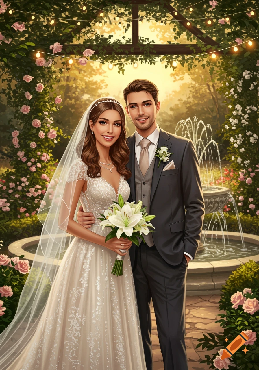 An illustrated bride and groom pose in a lush garden with roses, string lights, and a fountain.