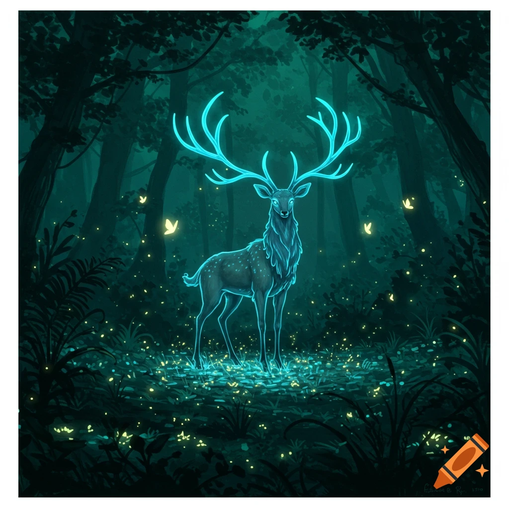 A luminous deer with glowing blue antlers stands in a dark, mystical forest illuminated by glowing plants and fireflies, digital illustration.