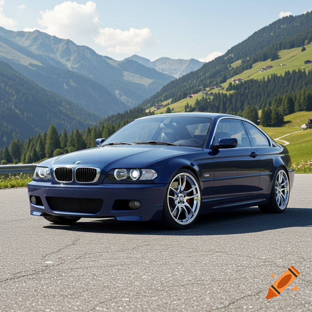A dark blue BMW E46 coupe with Z4 front styling is parked on a paved mountain road under a clear sky, surrounded by green hills and trees.