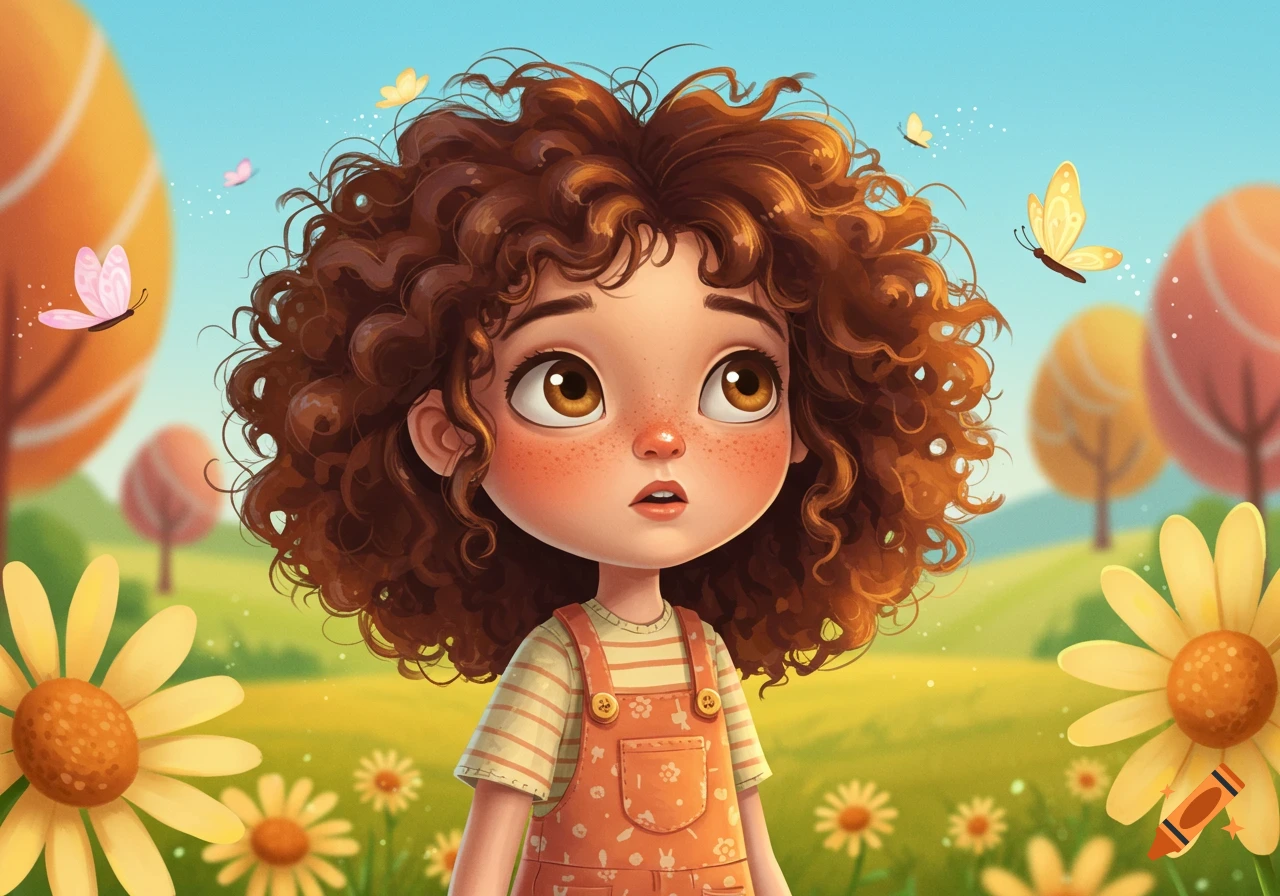 A cute cartoony girl with curly brown hair and freckles looks up in a sunny field with flowers and butterflies.