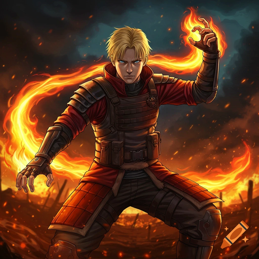 Anime-style blonde male firebender in tactical gear, crouching amidst a fiery landscape, conjuring a fireball.