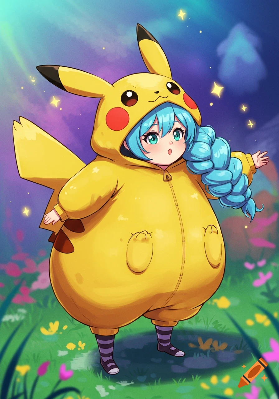 A cute anime girl with long blue braided hair wears a yellow Pikachu full-body suit and striped socks, standing in a magical field with glowing stars.