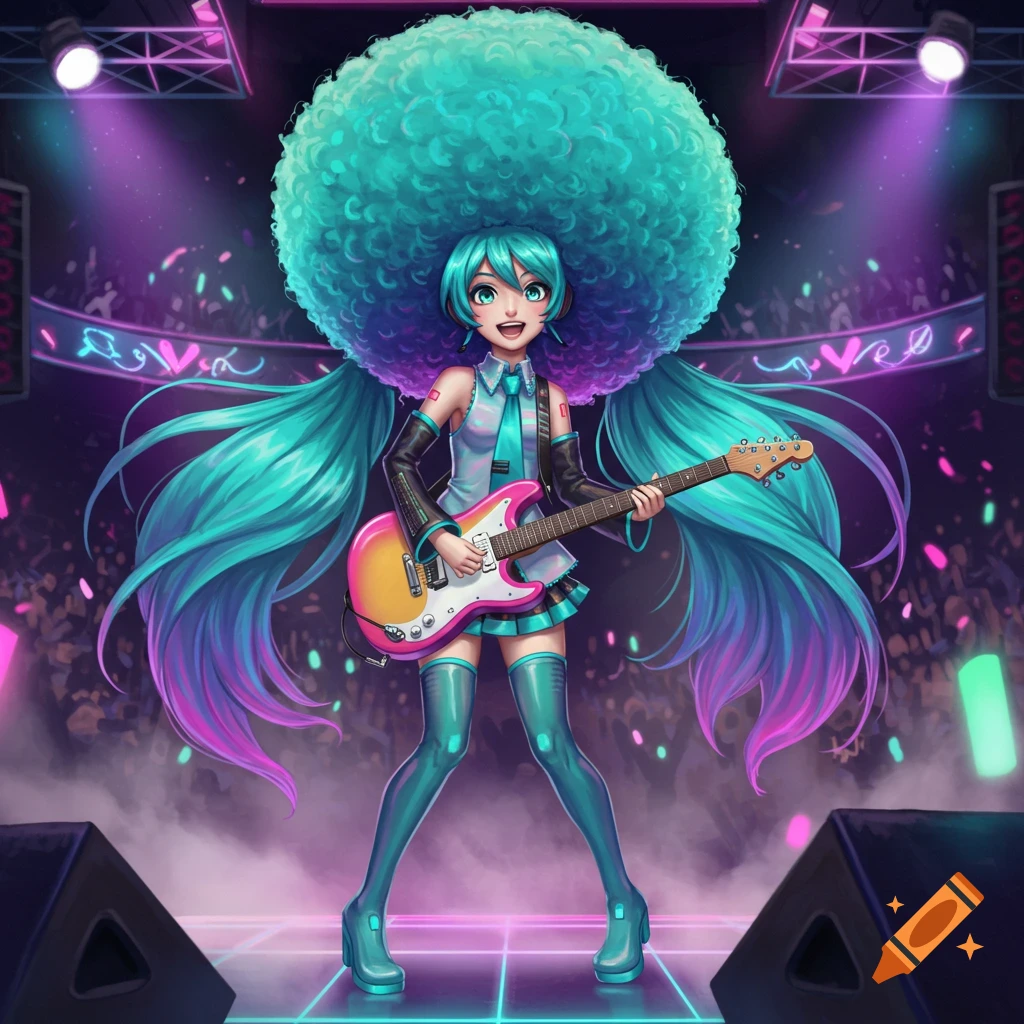Hatsune Miku with a large teal afro hairstyle plays an electric guitar on a brightly lit concert stage with a crowd.