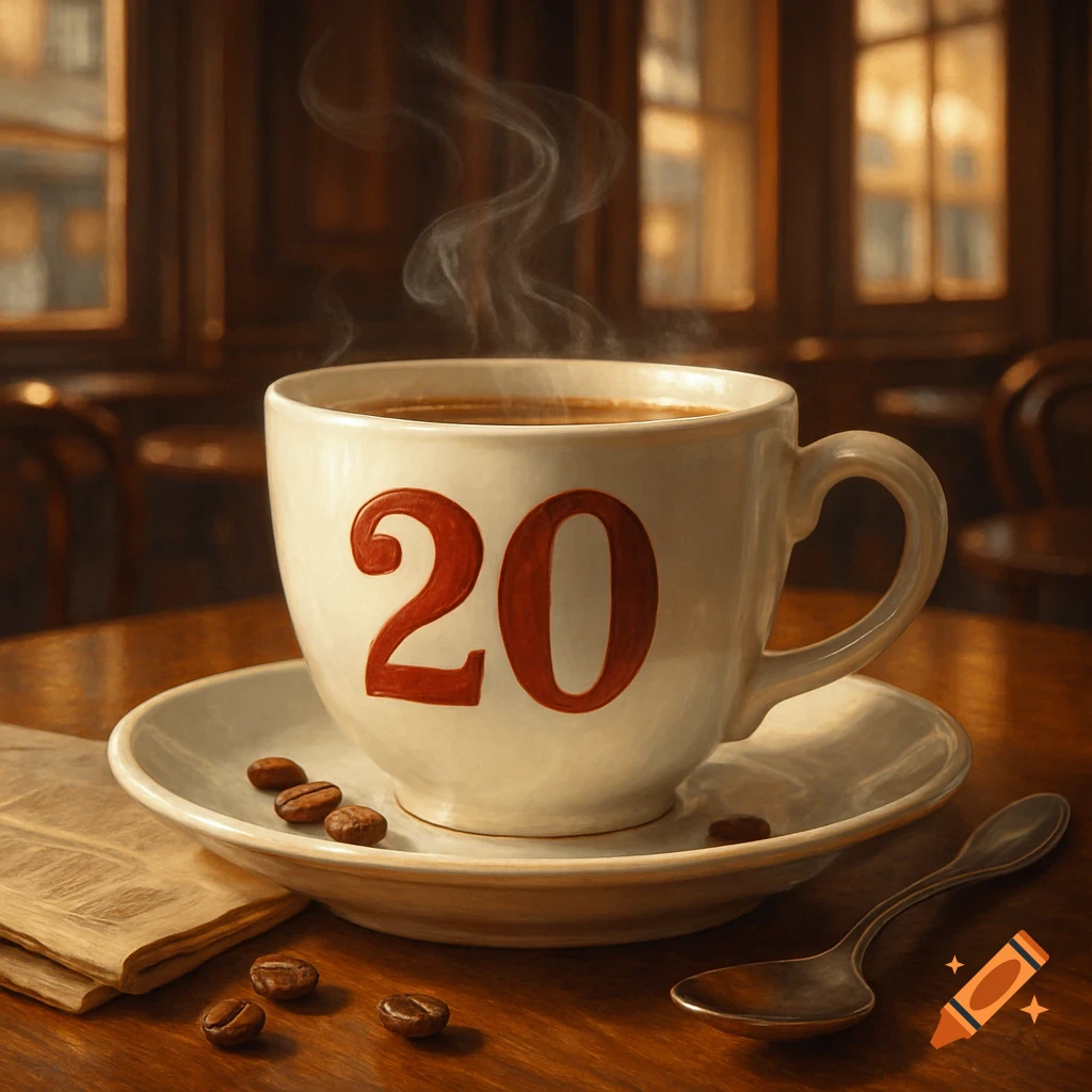 Photorealistic image of a steaming coffee cup with the number 20, coffee beans, and newspaper on a wooden cafe table.