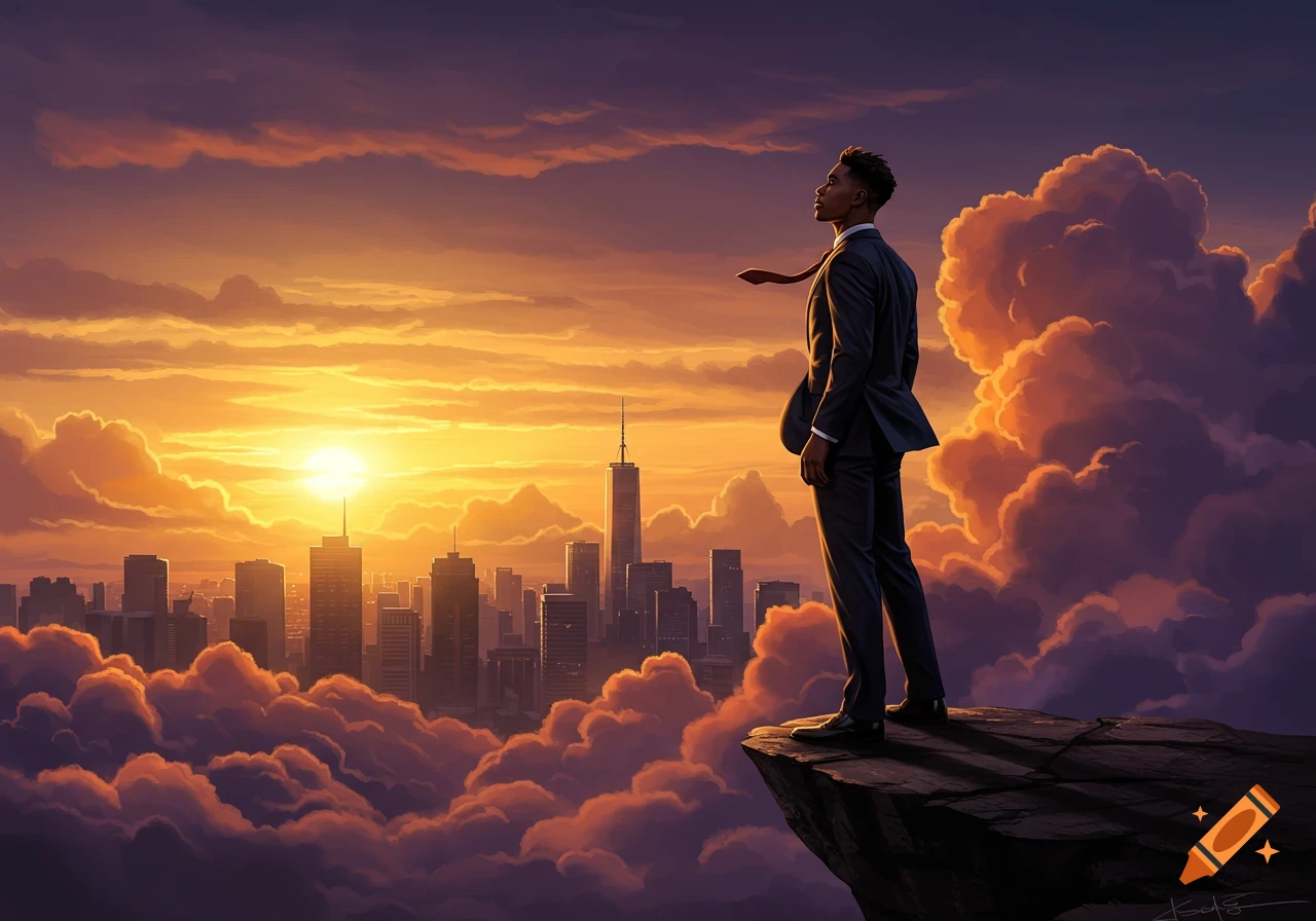 Digital art of a man in a suit standing on a cliff overlooking a city skyline at a vibrant sunset.