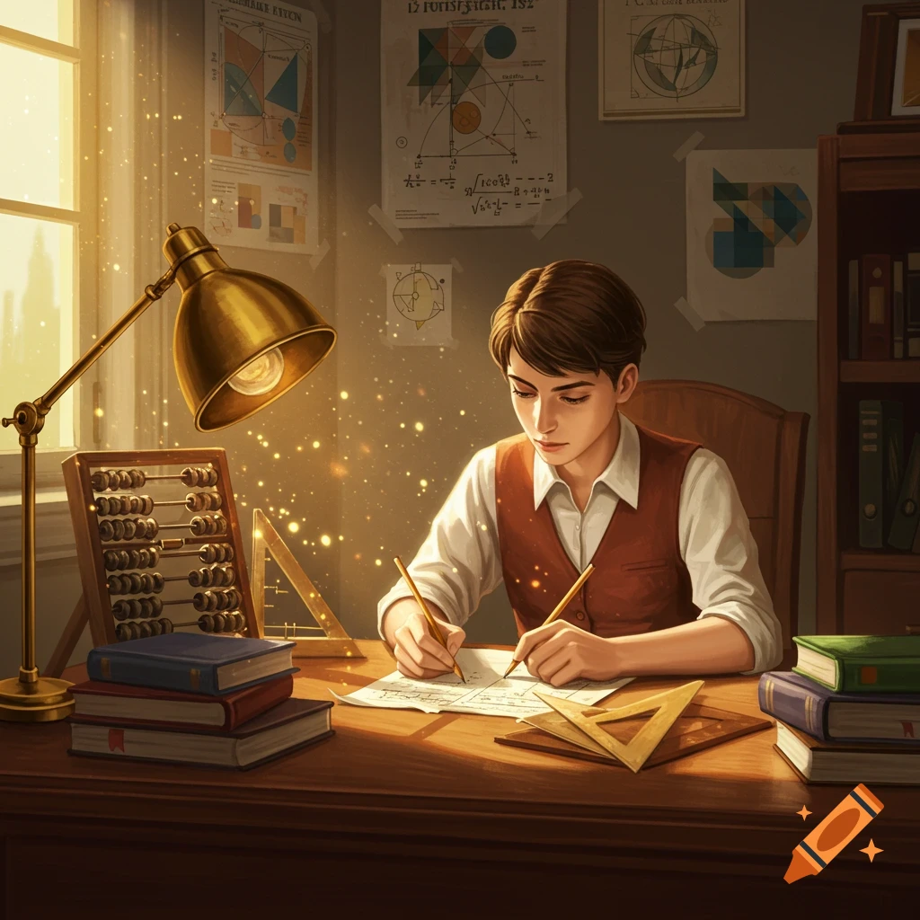 A young student in a vest diligently works on math problems at a wooden desk, bathed in golden light.