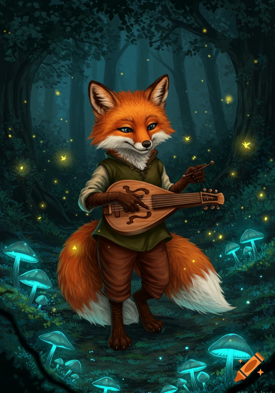 A charming anthropomorphic fox plays a lute in a magical forest with glowing mushrooms and fireflies, digital art.