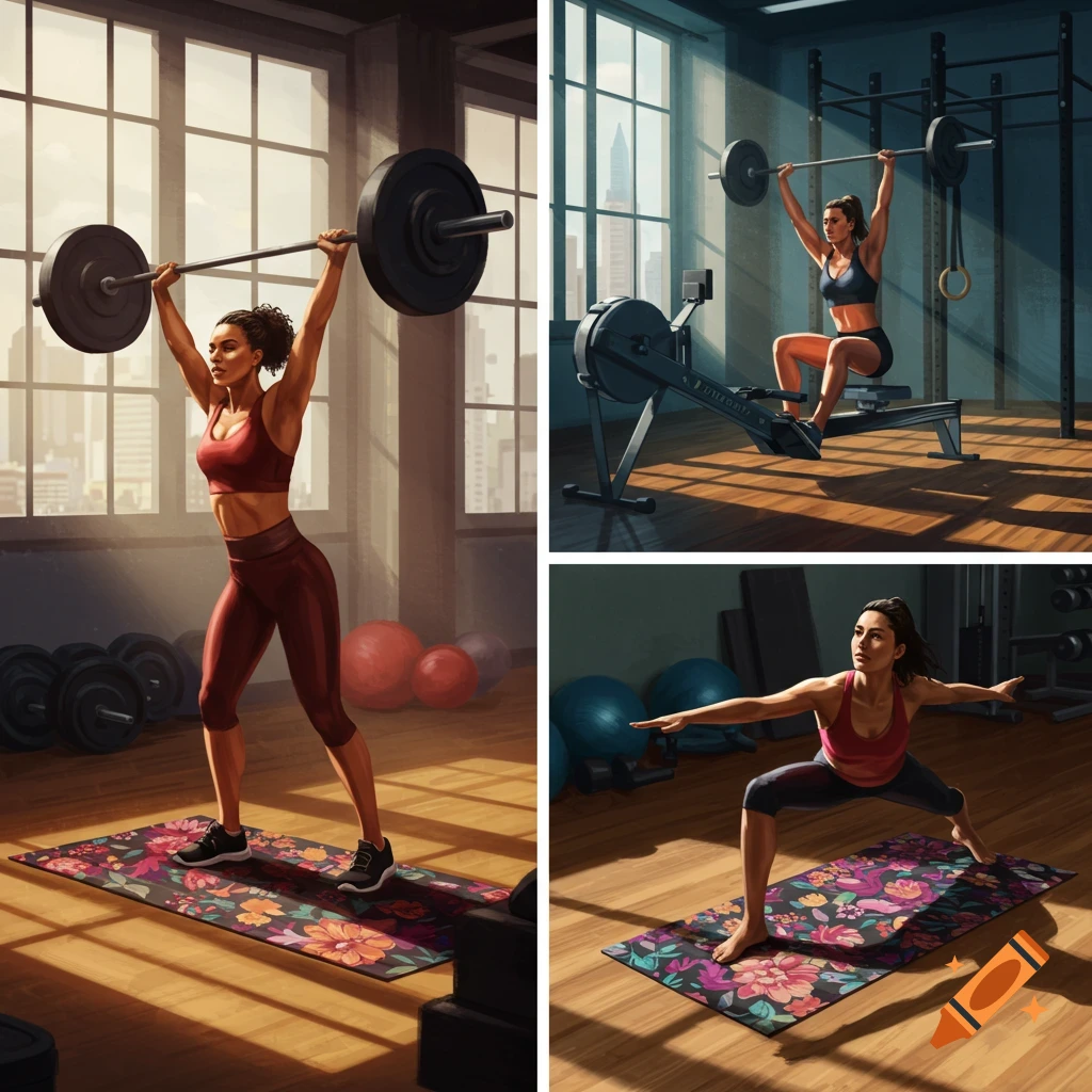 Three panels show women exercising in a gym: one lifting weights, one on a rowing machine, and one doing a yoga pose.
