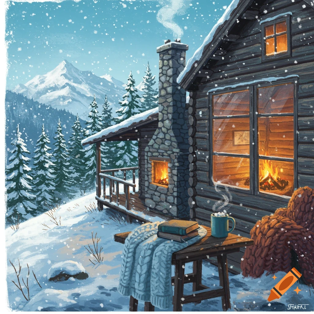Illustrated cozy log cabin in a snowy mountain landscape with pine trees. Fires glow inside, and a steaming mug sits on an outdoor table.