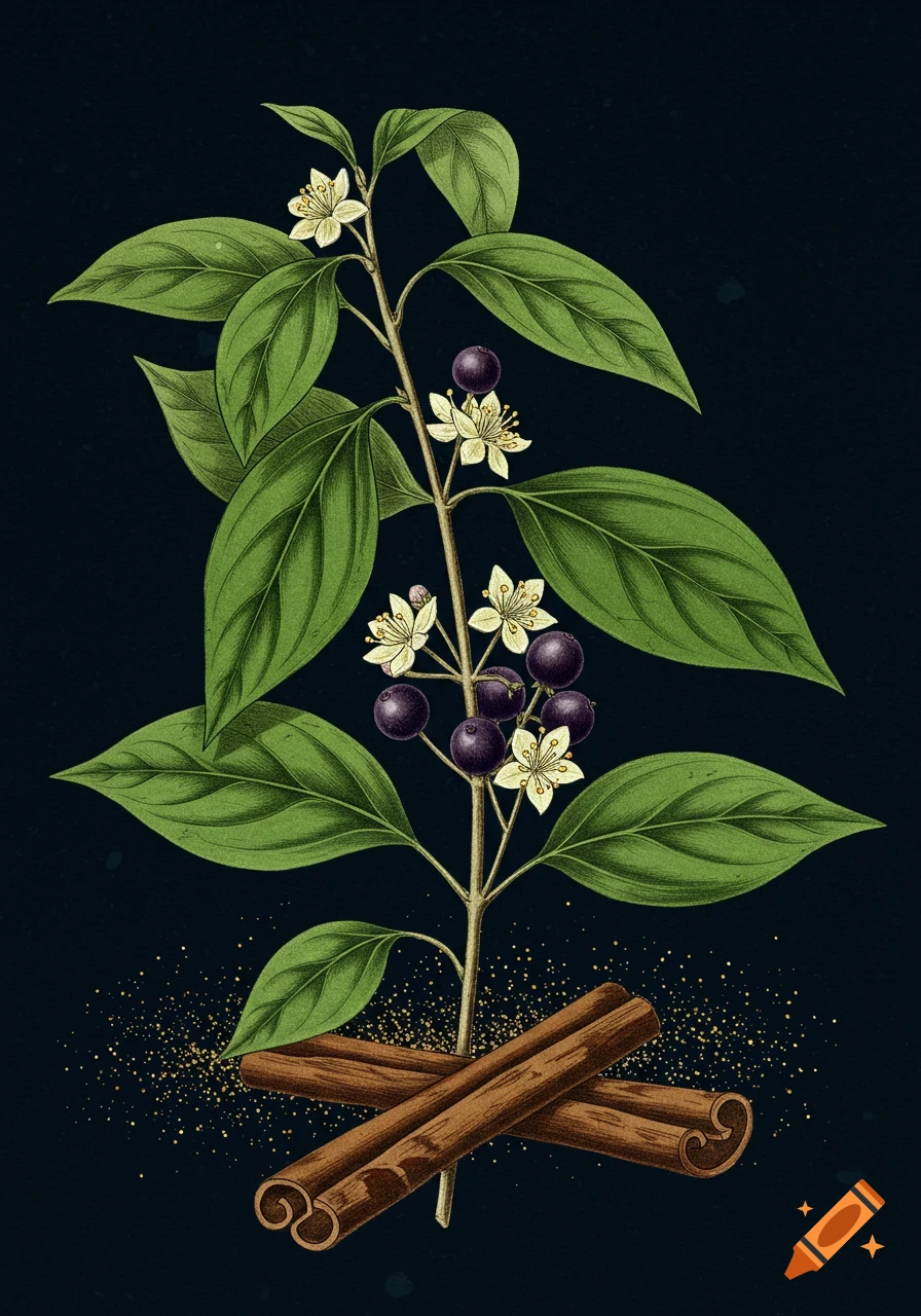 A hand-drawn botanical illustration of a cinnamon plant with green leaves, white flowers, dark berries, and cinnamon quills at its base, on a dark blue background with gold speckles.