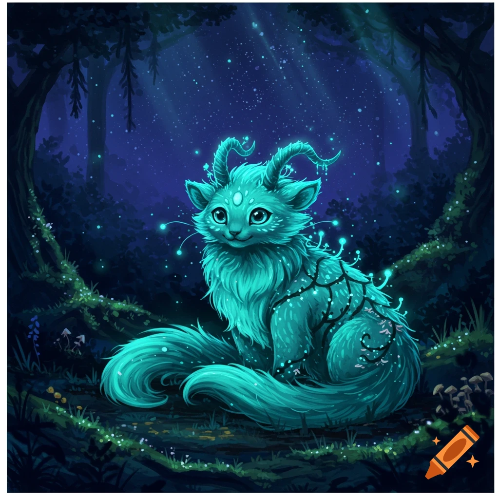A glowing blue-green horned cat-like creature sits in a mystical dark forest with sparkling light.