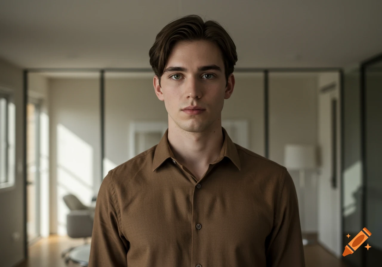A photorealistic portrait of a young man with brown hair and green eyes, wearing a brown dress shirt.