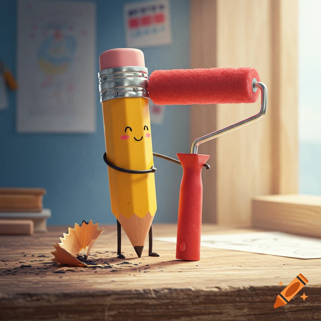 A friendly-faced yellow pencil with an eraser hugs a red paint roller on a wooden desk with pencil shavings, 3D illustration.
