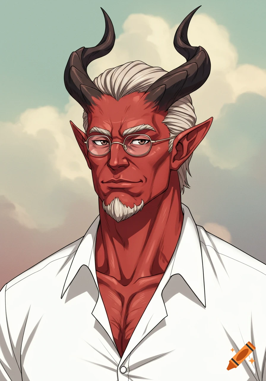 An anime portrait of a red-skinned man with black horns, white hair, a goatee, glasses, and a white collared shirt.