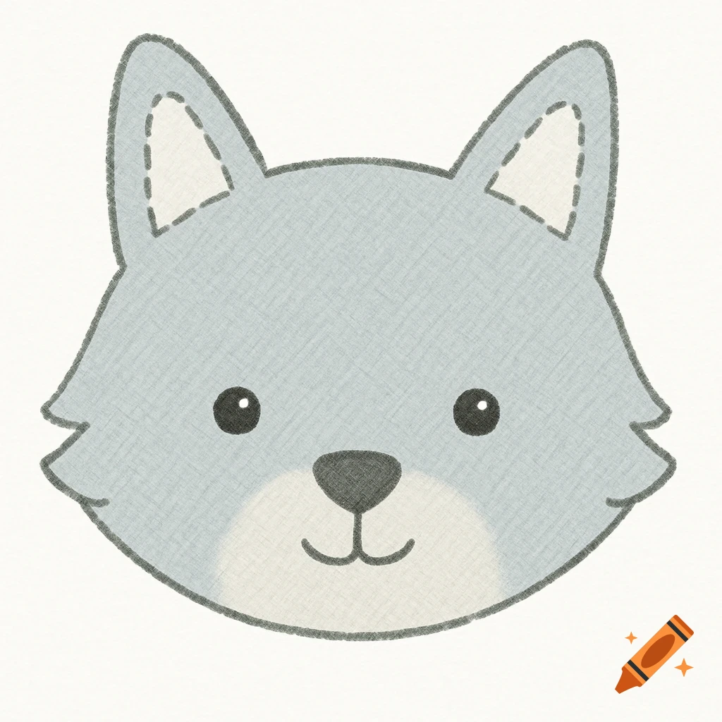 A cute cartoon grey wolf head illustration with simple lines and a light textile texture, on a white background.