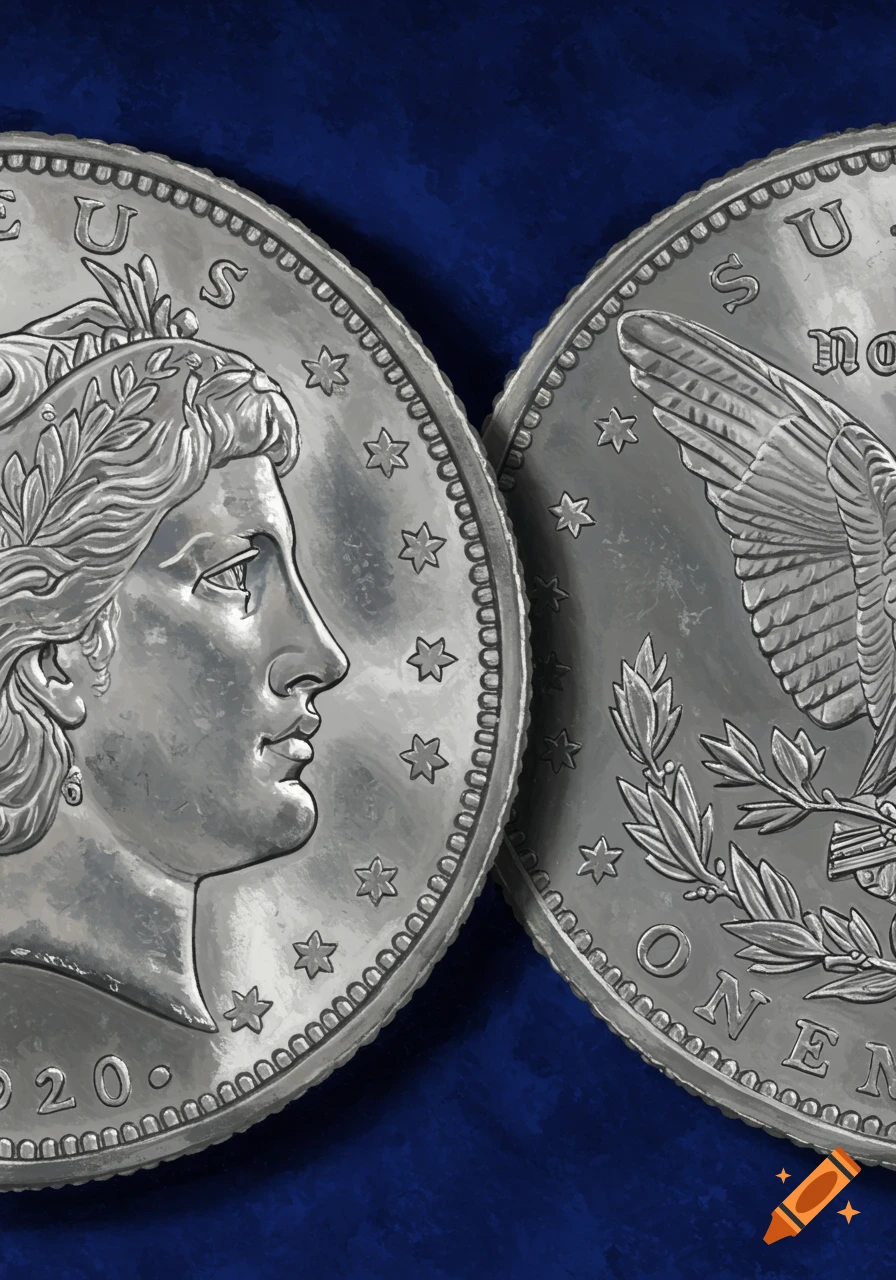 Two detailed silver Morgan-style coins, one showing Lady Liberty's profile, the other an eagle, on a dark blue background.