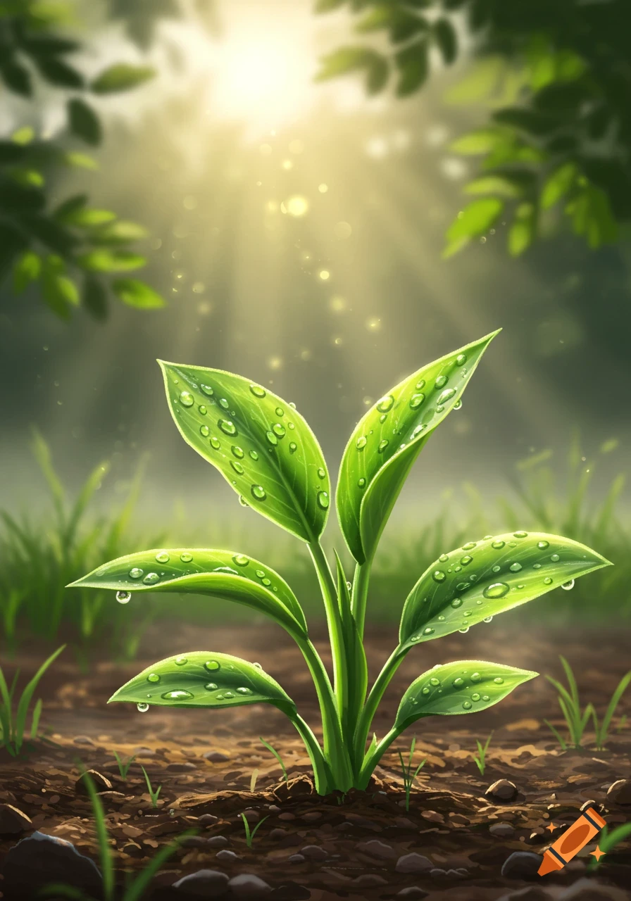 Vibrant green plant sprout with dewdrops in dark soil, bathed in golden sunlight filtering through trees.
