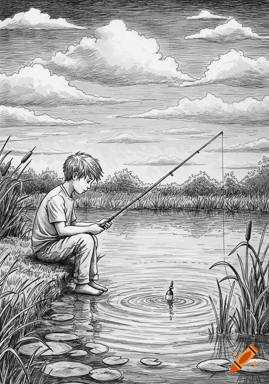 Black and white illustration of a young boy sitting by a pond, fishing with a rod.