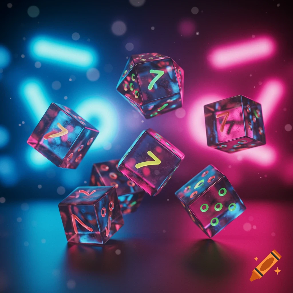 Translucent dice with neon numbers '7' and pips float in a vibrant blue and pink neon lit space.