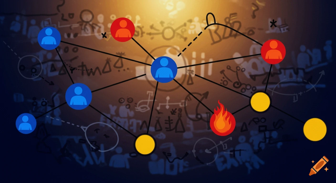 A stylized network diagram with blue and red user icons, yellow circles, and a flame icon connected by black lines on a dark background with faint scribbled symbols.