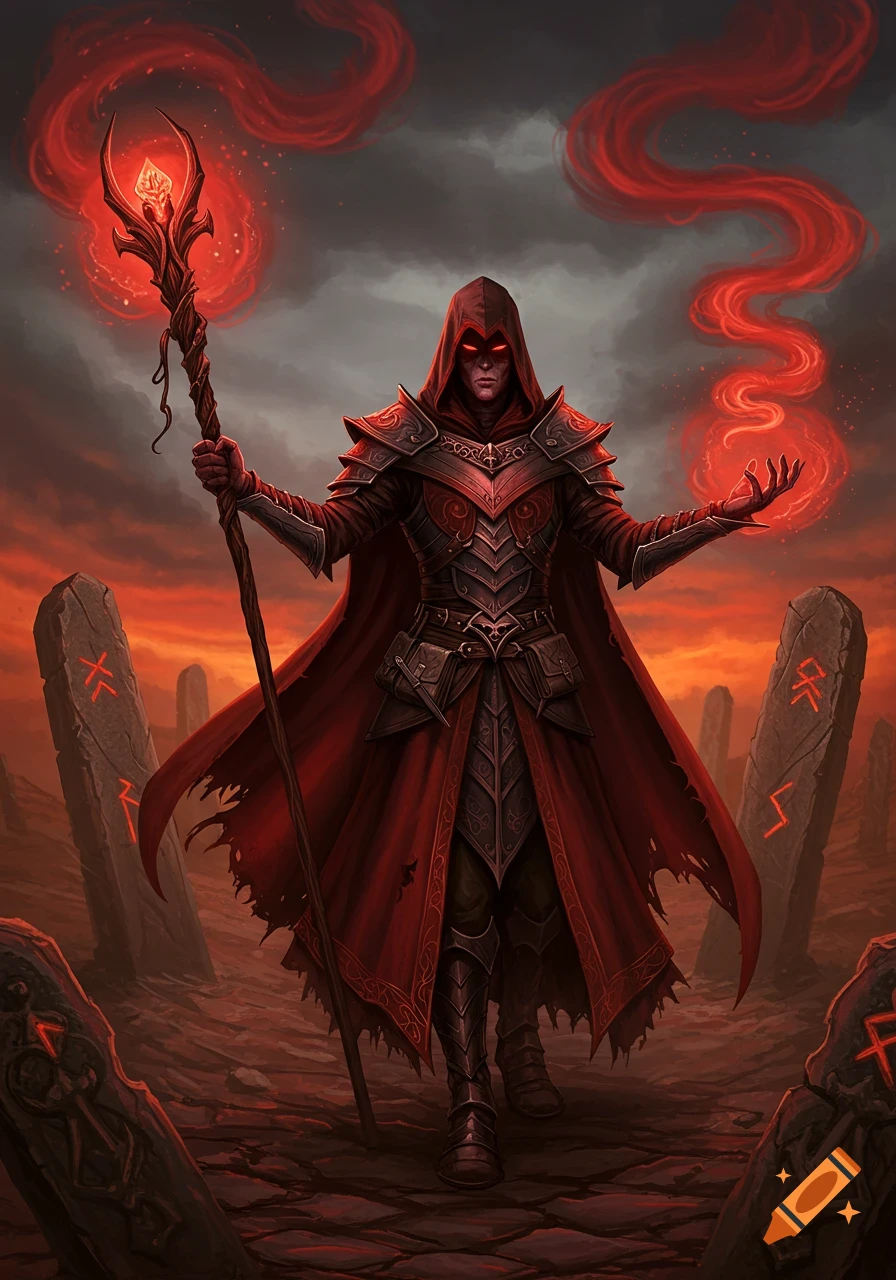 A dark wizard in red armor and cloak stands amidst rune-covered monoliths, wielding a glowing staff and casting red magic under a fiery sky.